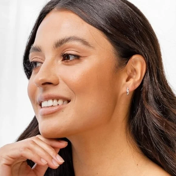 14K White Gold Plated Cubic Zirconia Huggie Hoop Twisted Earrings - Picture 3 of 5